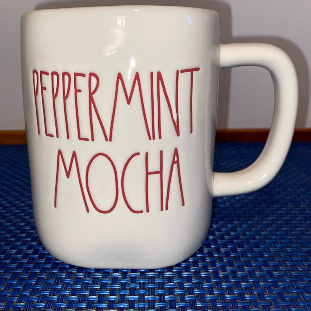 Rae Dunn Peppermint Mocha mug, NWOT, white with red text and red interior
